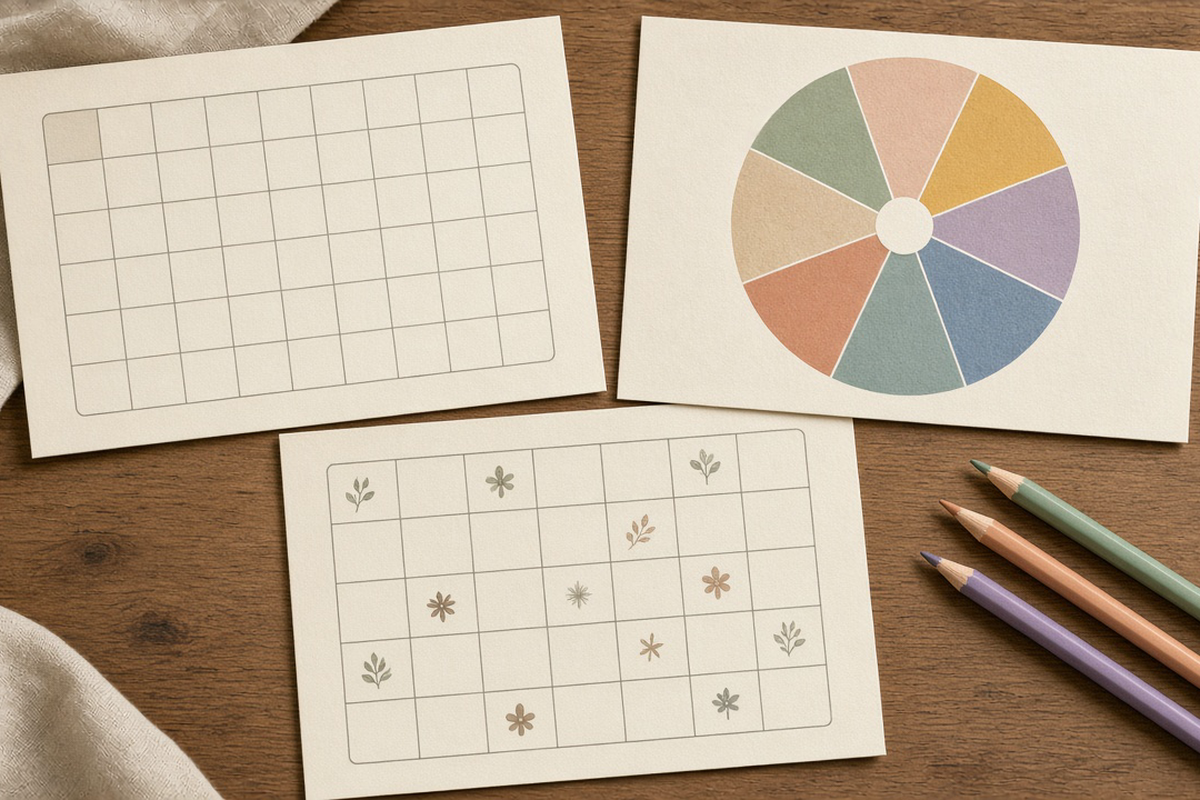 Flat lay of printable screen-free pages: a 30-day tracker, a colorful choice wheel and a habit grid, with colored pencils
